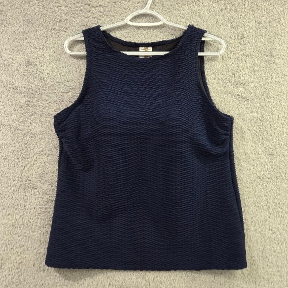 Lands End Women 16 XL Navy Blue Textured Swimsuit Tankini Top Built In Shelf Bra